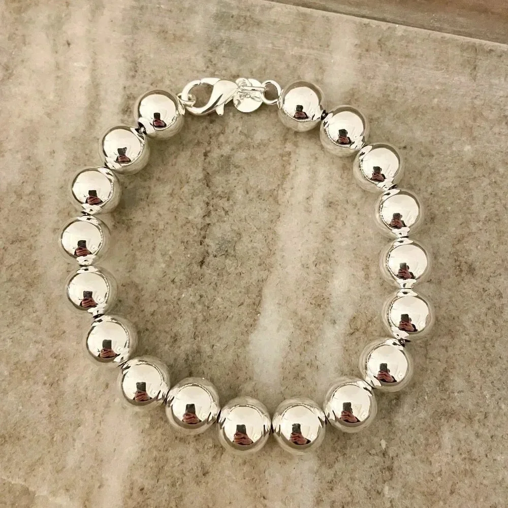 925 Sterling Silver Bead Bracelet 10 MM Ball Bracelet Large Round Bracelet